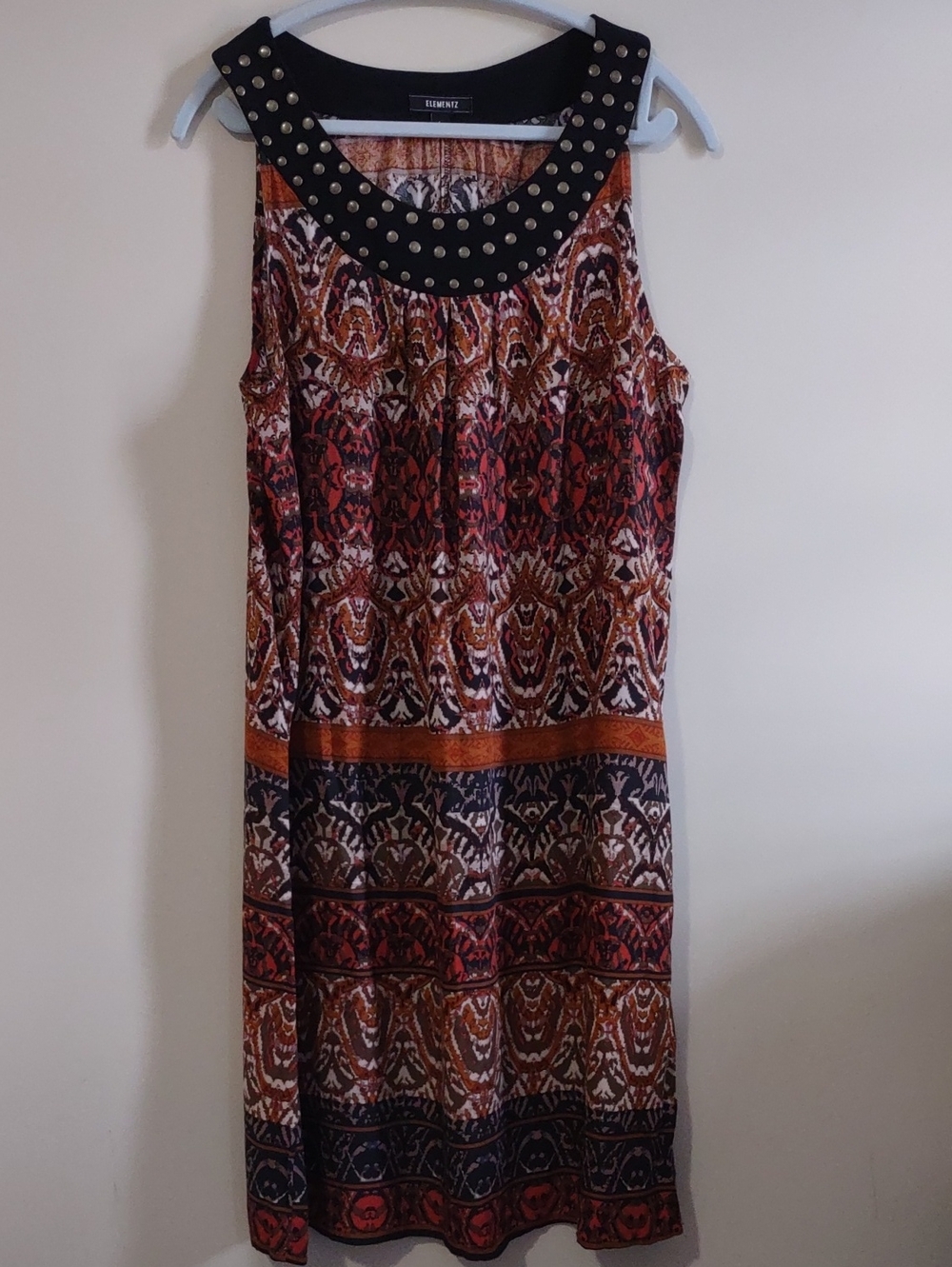 Elementz Tribal Geometric Print Sleeveless Dress Studded Neck Boho Midi Dress. L